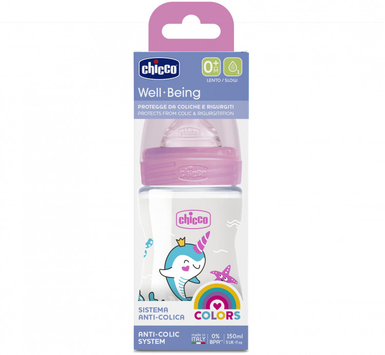  Chicco Well-Being Colors Silicone Feeding Bottle Slow Flow Anti-Colic System Pink 0m+ 150ml