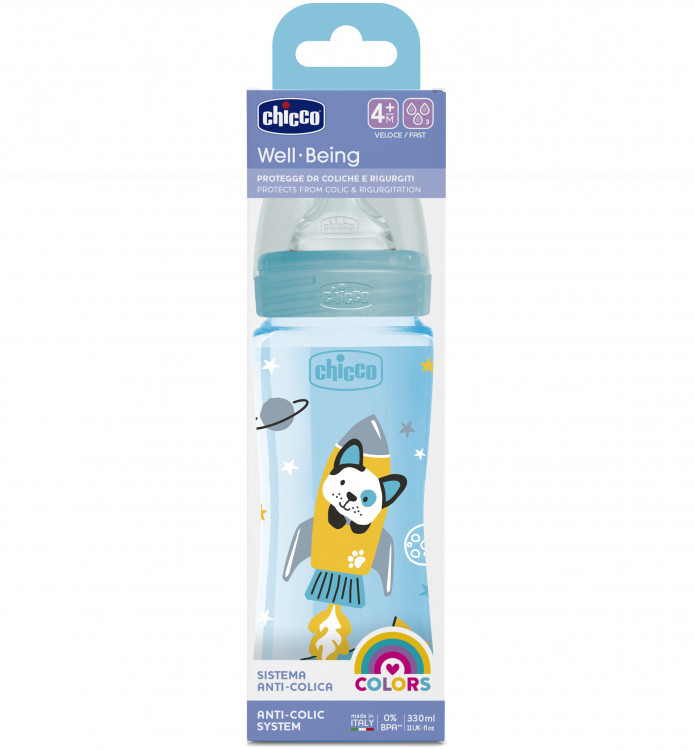 Chicco Well Being Plastic Baby Bottle With Fast Flow Silicone Nipple Blue 250ml